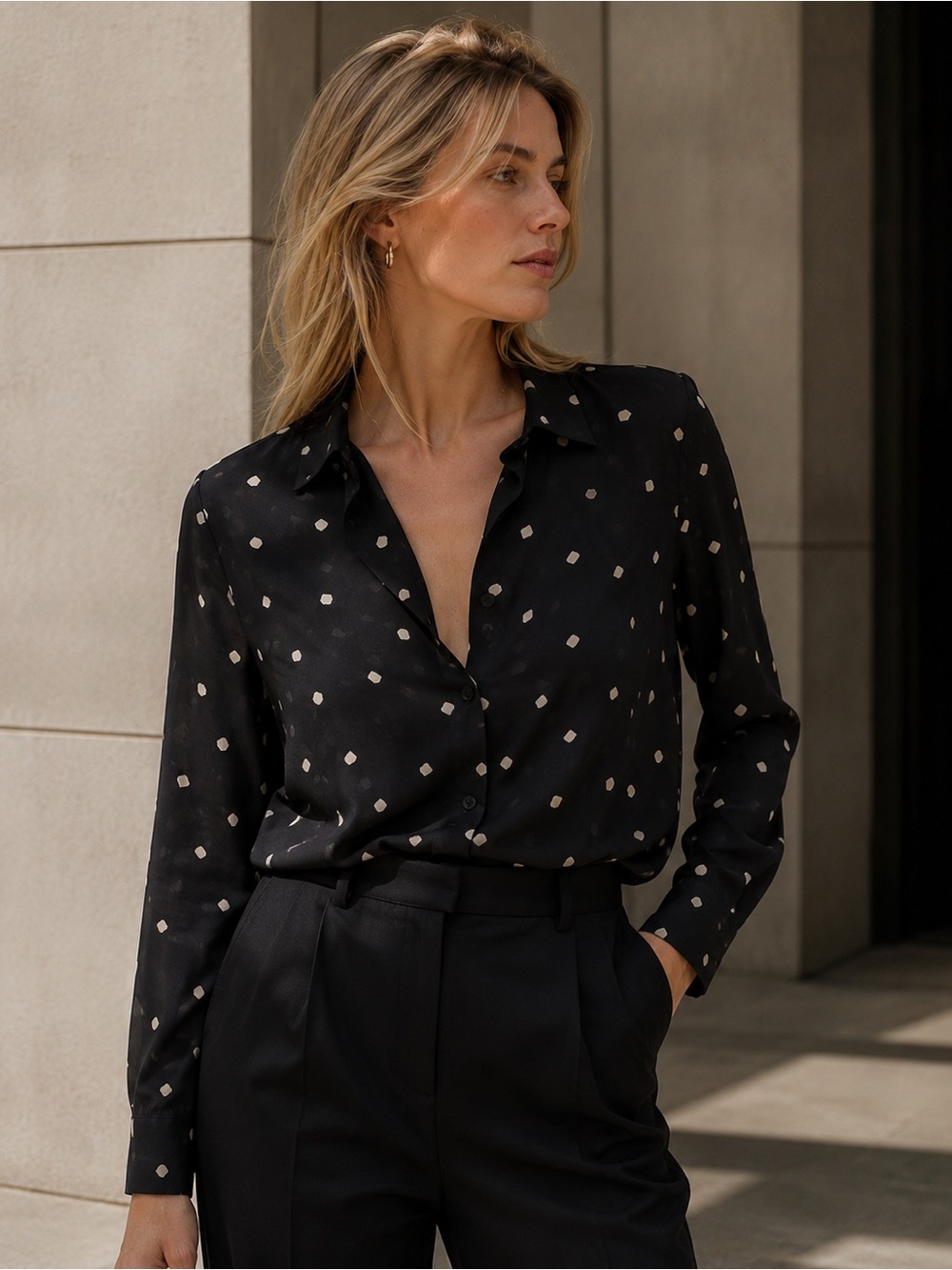 Theory Black Silk Square Print Classic Straight Shirt | M